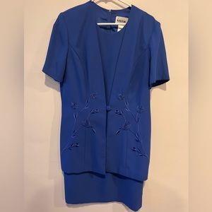 Blue Embroidered Midi Dress w/ Attached Jacket - Size 16